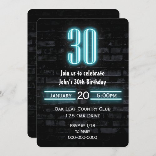 30th Birthday Party Neon Sign on Brick Invitation