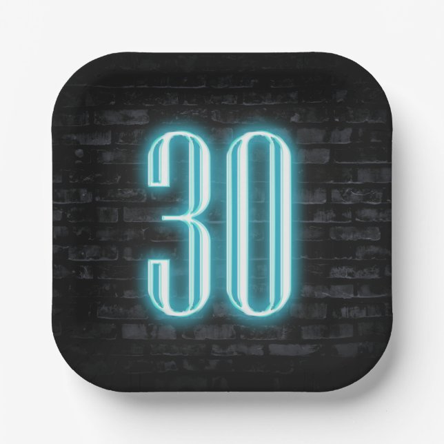 30th Birthday Party Neon Sign on Brick  Paper Plates (Front)