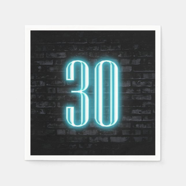 30th Birthday Party Neon Sign on Brick Wall   Napkins (Front)