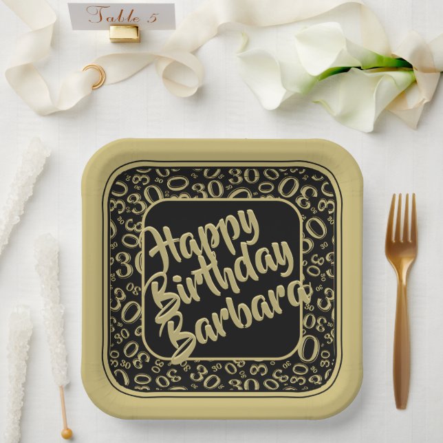 30th Birthday Party Number Pattern Black Gold Paper Plates (Wedding)