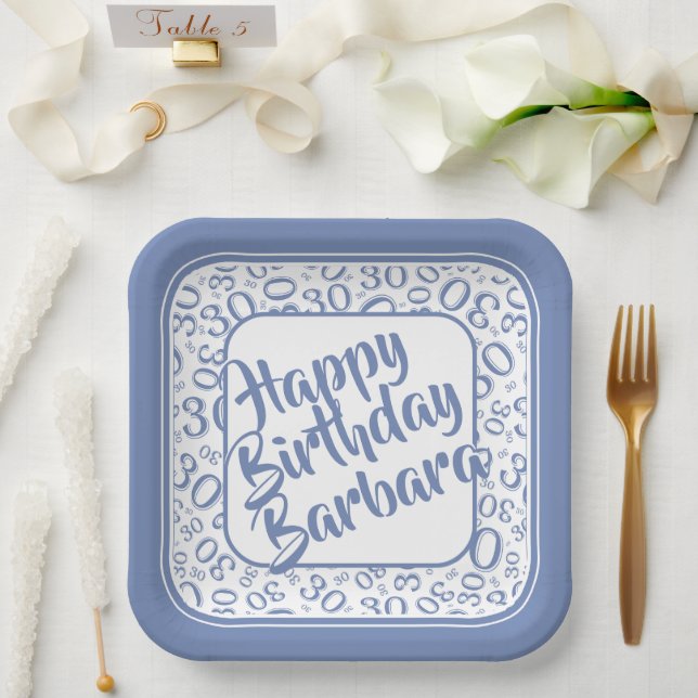 30th Birthday Party Number Pattern Blue/white Paper Plates (Wedding)