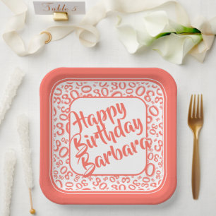 30th Birthday Party Number Pattern Coral/white Paper Plates