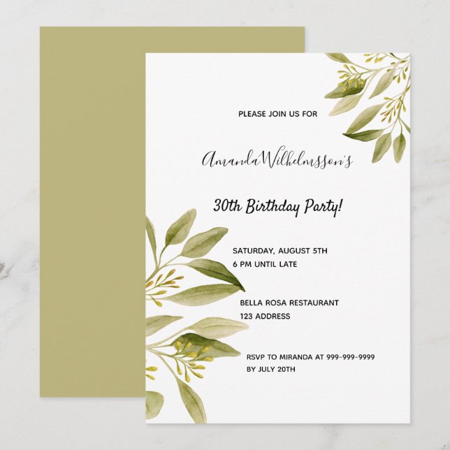 30th birthday party olive green botanical invitation (Front/Back)
