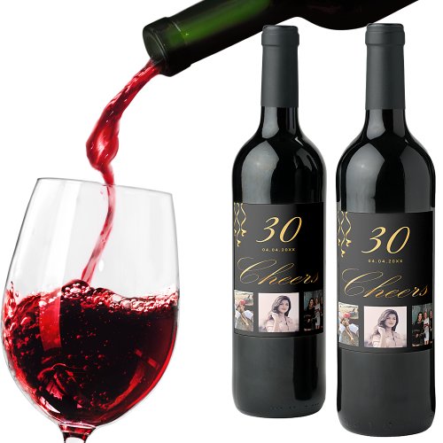 30th birthday party photo black gold cheers script wine label