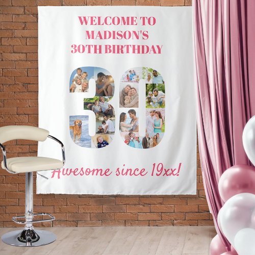 30th Birthday Party Photo Collage Backdrop Pink