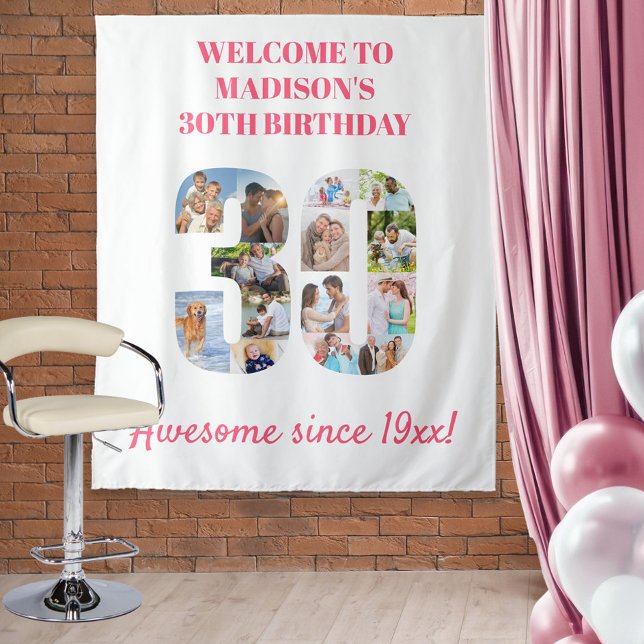 30th Birthday Party Photo Collage Backdrop Pink (Creator Uploaded)