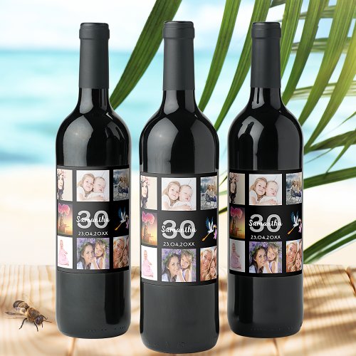 30th birthday party photo collage black wine label