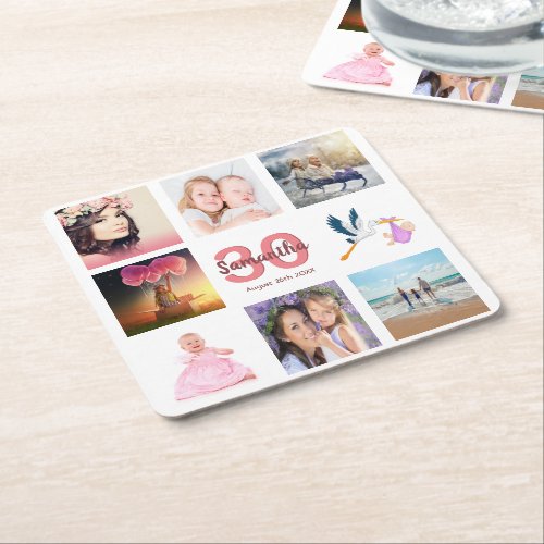 30th birthday party photo collage name square paper coaster
