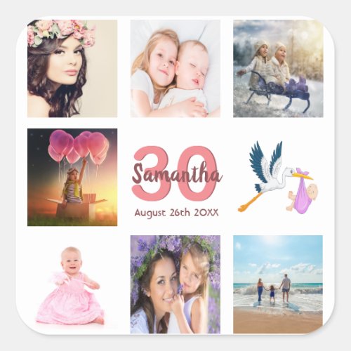 30th birthday party photo collage square sticker