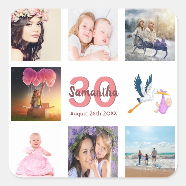 30th birthday party photo collage square sticker (Front)