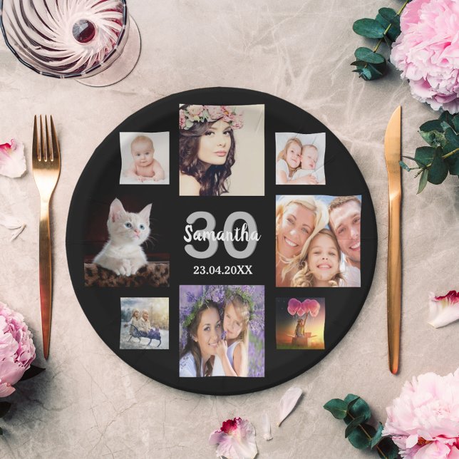 30th birthday party photo collage woman black paper plates (Creator Uploaded)
