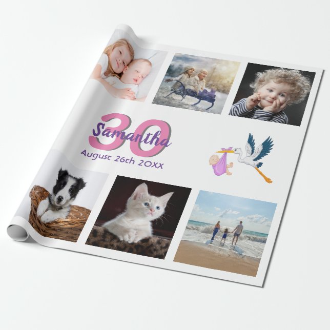 30th birthday party photo collage woman white wrapping paper (Unrolled)