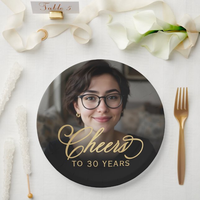 30th Birthday Party Photo Gold Script Cheers  Paper Plates (Wedding)