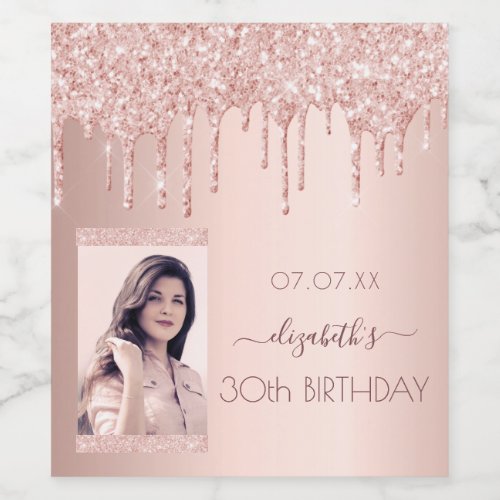 30th birthday party photo rose gold glitter drips wine label