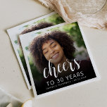 30th Birthday Party Photo White Script Cheers Napkins<br><div class="desc">This custom 30th birthday napkin features the guest of honor's personalized photo,  name,  and birthday,  along with the word "Cheers" in elegant white calligraphy script. A dark screen helps make the text pop. A great way to celebrate someone who's turning thirty!</div>