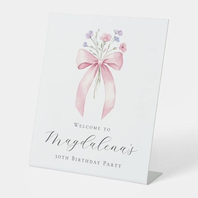 30th Birthday Party Pink Bow Wildflower Welcome Pedestal Sign (Front)
