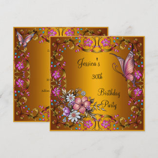 30th Birthday Party Pink Floral Butterfly Gold Invitation