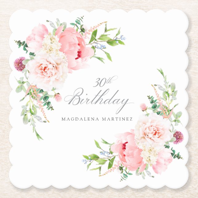 30th Birthday Party Pink Floral Custom Paper Coaster (Front)