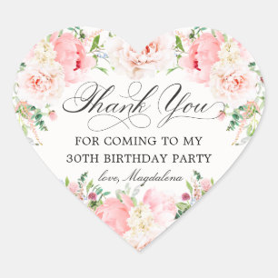 30th Birthday Party Pink Floral Thank You Favor Heart Sticker