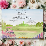 30th Birthday Party Pink Golf Cart Golf Course Invitation<br><div class="desc">This charming watercolor features a pine-lined golf course and a playful pink golf cart, framed by soft pink astilbe and blooming Russian sage—creating a lighthearted, serene setting perfect for a 30th birthday celebration. Ideal for the woman who loves golf and beautiful details, this invitation blends floral elegance with sporty fun....</div>
