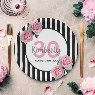 30th birthday party pink roses black white stripes paper plates