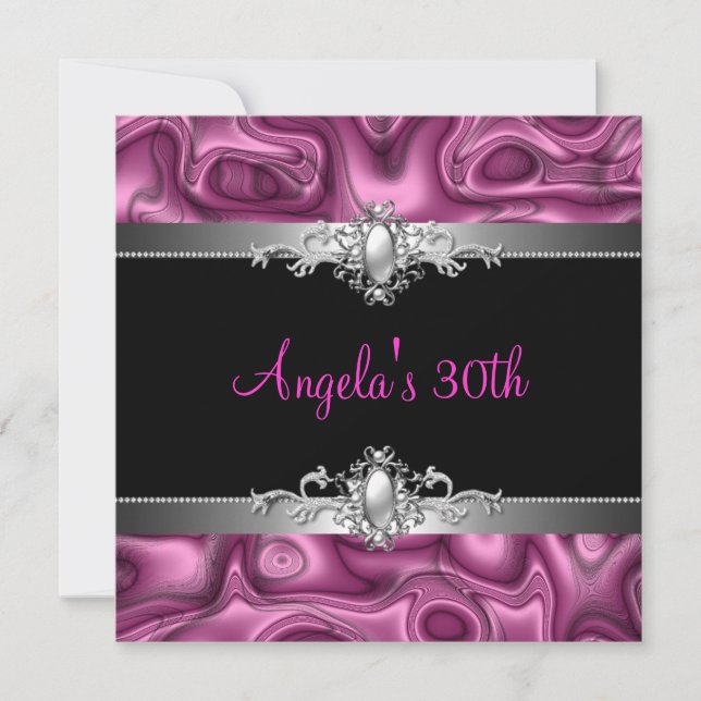 30th Birthday Party Pink Silver Black Abstract Invitation (Front)