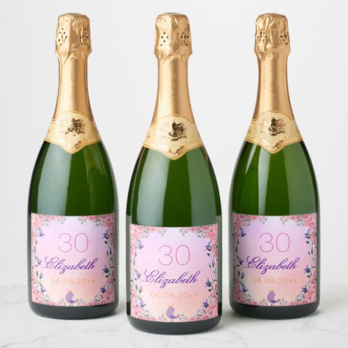 30th birthday party pink violet garden florals sparkling wine label