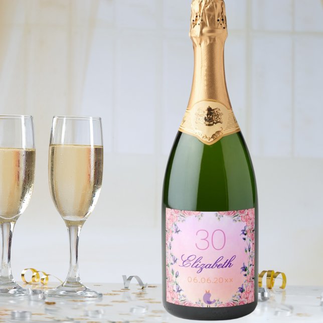 30th birthday party pink violet garden florals sparkling wine label (Creator Uploaded)