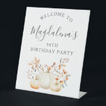 30th Birthday Party Pumpkin Fall Leaves Welcome Pedestal Sign<br><div class="desc">An elegant white watercolor pumpkin is nestled in fall leaves and flowers. The sophisticated blend of deep earth tones and soft pastels creates a unique aesthetic your guests will love. All the text is easily edited,  so you can set just the right tone.</div>