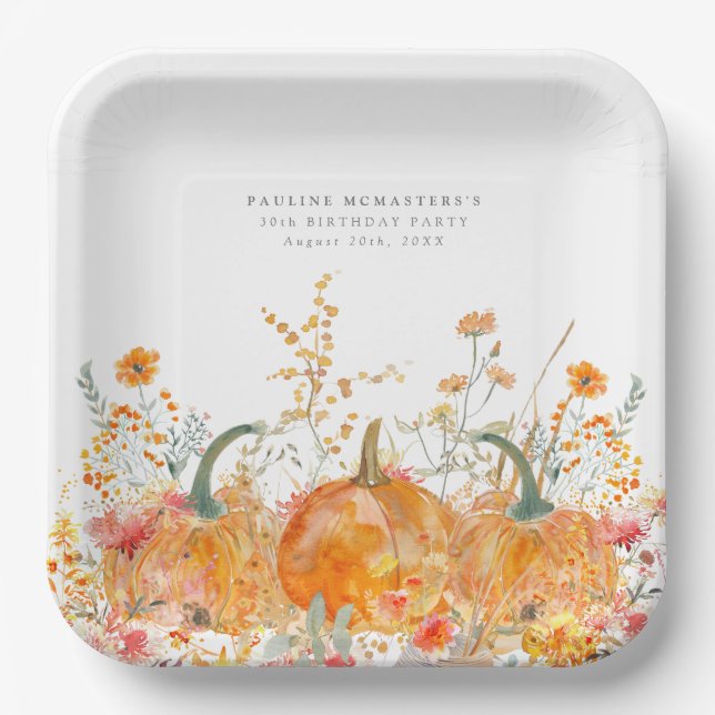 30th Birthday Party Pumpkin Wildflower Custom Paper Plates (Front)