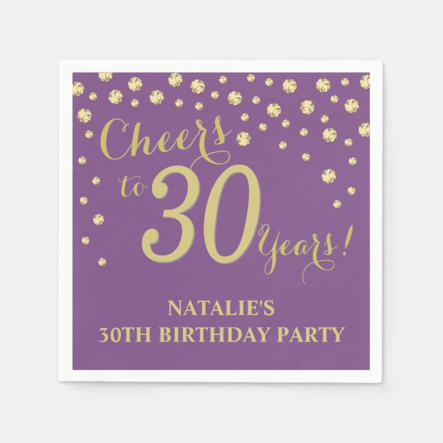 30th Birthday Party Purple and Gold Diamond Napkins (Front)