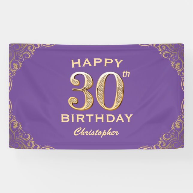 30th Birthday Party Purple and Gold Glitter Frame Banner (Horizontal)
