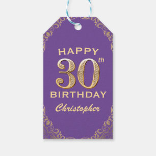 30th Birthday Party Purple and Gold Glitter Frame Gift Tags