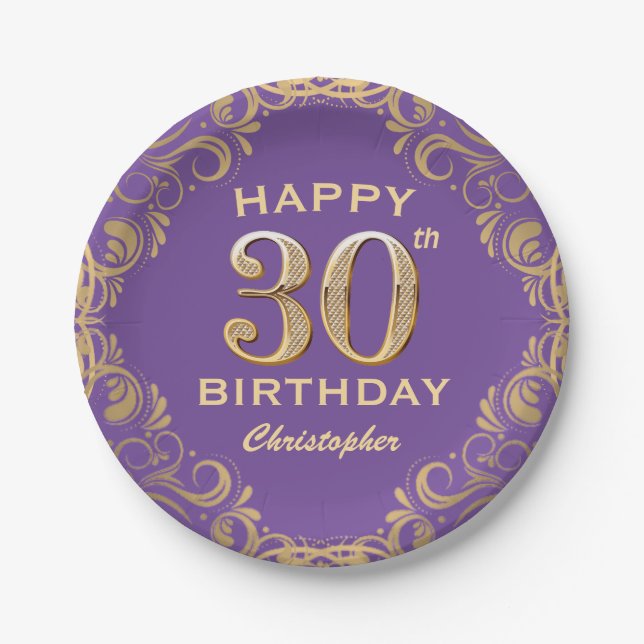 30th Birthday Party Purple and Gold Glitter Frame Paper Plates (Front)