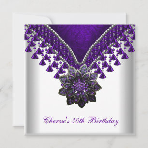 30th Birthday Party Purple Beads White Invitation