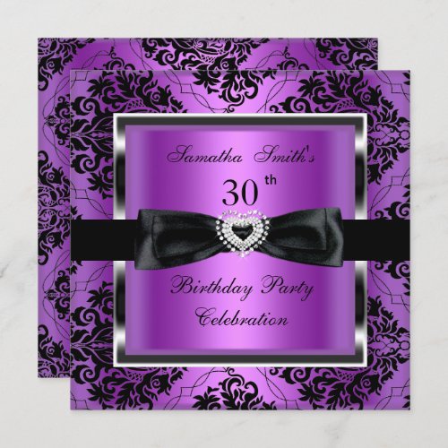 30th Birthday Party Purple Damask Silver Black Invitation