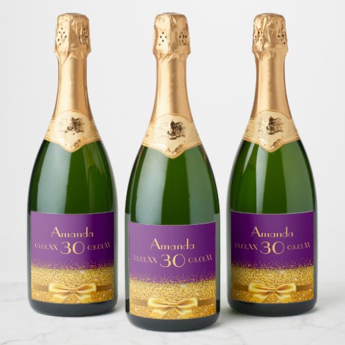 30th birthday party purple gold bow name sparkling wine label