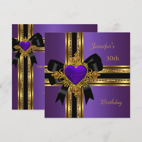 30th Birthday Party Purple Gold Heart Jewel Rose 2 Custom Invite