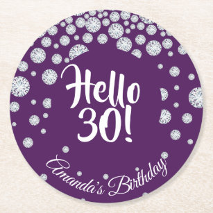 30th birthday party purple hello 30 name diamonds round paper coaster
