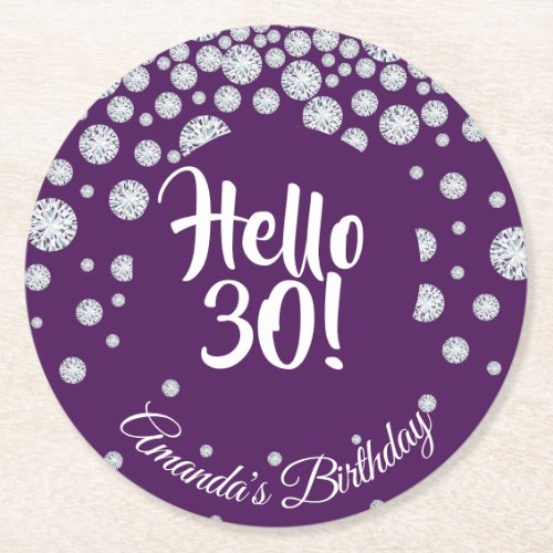 30th birthday party purple hello 30 name diamonds round paper coaster