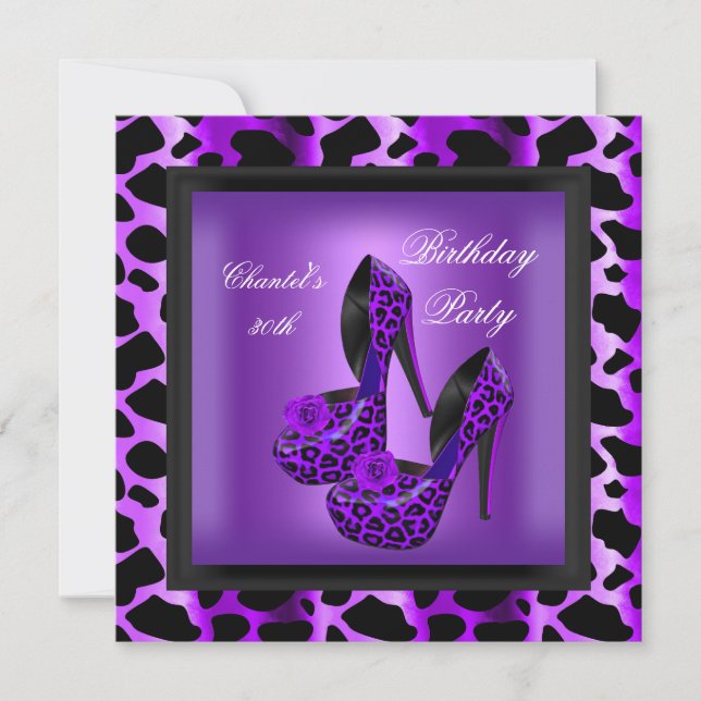 30th Birthday Party Purple Leopard Black Shoes Invitation (Front)