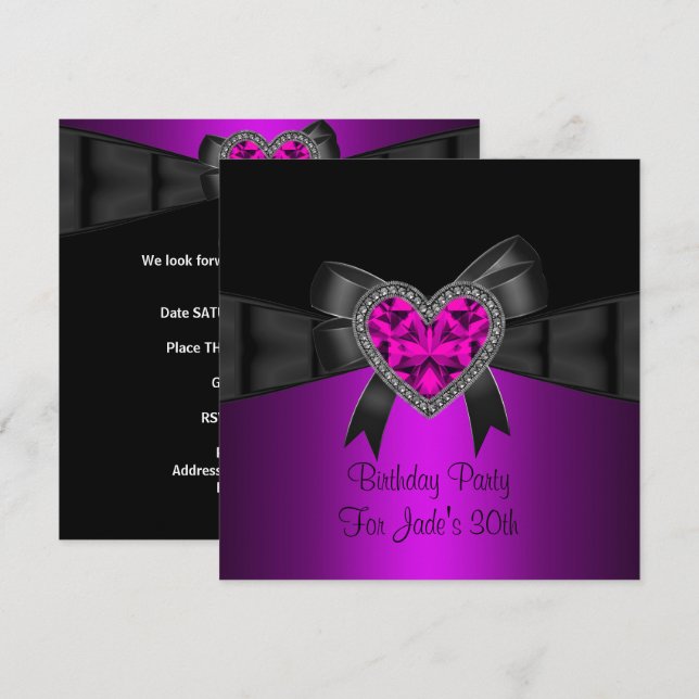 30th Birthday Party Purple Pink Heart Jewel Black Invitation (Front/Back)