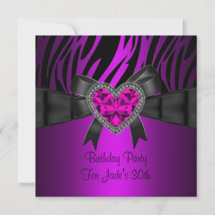 30th Birthday Party Purple Pink Heart Jewel Zebra Invitation