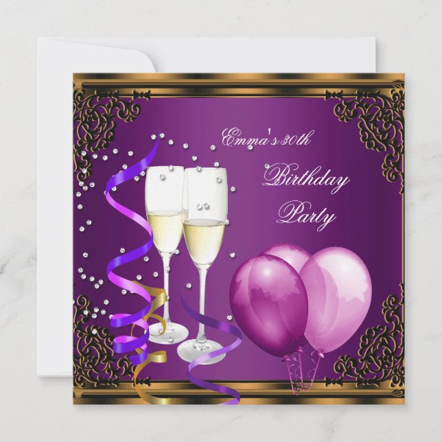 30th Birthday Party Purple Plum Gold Balloons Invitation (Front)