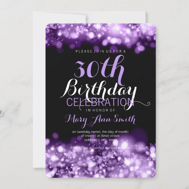 30th Birthday Party Purple Sparkling Lights Invitation (Front)