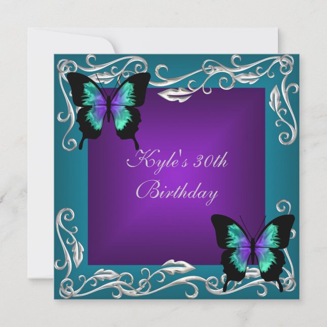 30th Birthday Party Purple Teal Butterflies Silver Invitation (Front)