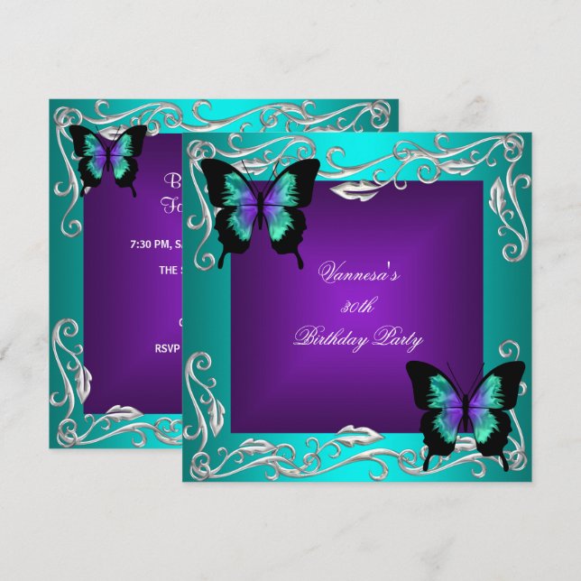 30th Birthday Party Purple Teal Butterflies Silver Invitation (Front/Back)