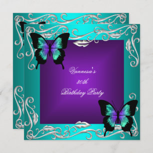 30th Birthday Party Purple Teal Butterflies Silver Invitation