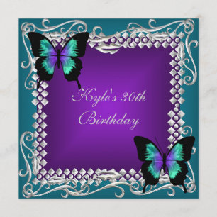 30th Birthday Party Purple Teal Butterflies Silver Invitation