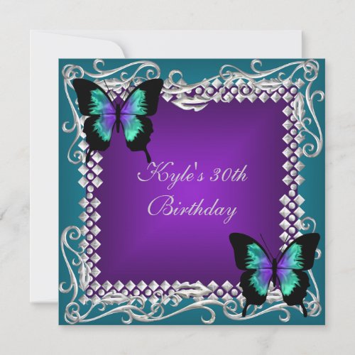 30th Birthday Party Purple Teal Butterflies Silver Invitation